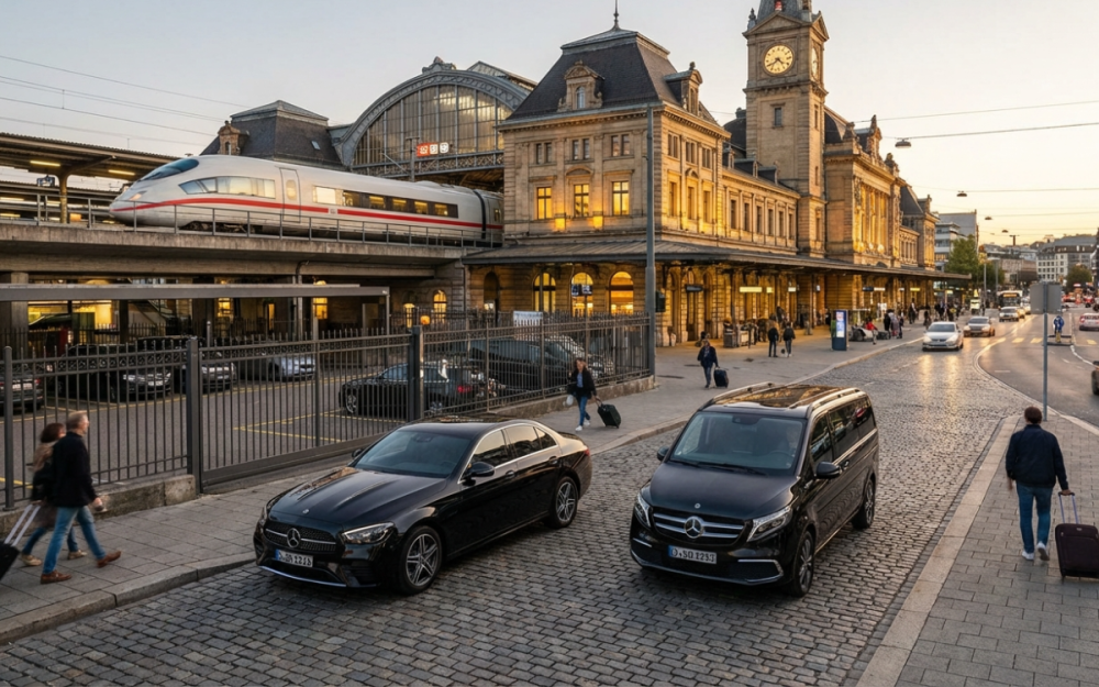 Gare ferroviaire moderne avec voyageurs et trains, correspondances vers l’aéroport de Marseille en VTC